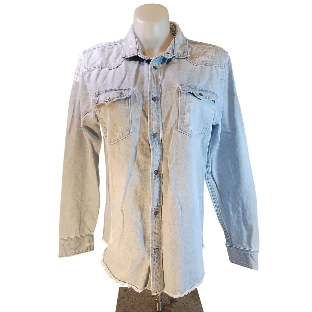 Zara Men XL Distressed Denim Western Relaxed Fit Button Shirt Lt Wash Streetwear